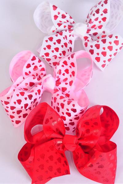 Hair Bow Jumbo Metallic Hearts Grosgrain Bow-tie Red White Pink Mix / 12 pcs Bow = Dozen  Alligator Clip , Size - 6" x 5",  4 Red , 4 White , 4 Pink Color Asst , Clip Strip and UPC Code