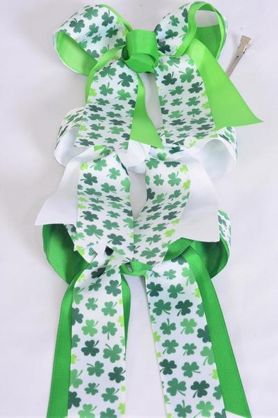 Hair Bow Jumbo Long Tail Double Layered Shamrock Grosgrain Bow-tie / 12 pcs Bow = Dozen Alligator Clip , Size-6.5" x 6" Wide , 4 of each Pattern Asst , Clip Strip and UPC Code