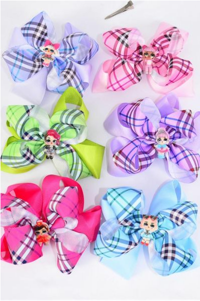 Hair Bow Jumbo Double Layered Plaid Fun Girl Charms Multi / 12 pcs = Dozen Alligator Clip ,  Size - 6" x 6" Wide , 2 lavender , 2 Pink , 2 Lime , 2 Lavender , 2 Fuchsia , 2 Sky Blue Color Asst , Clip Strip and UPC Code