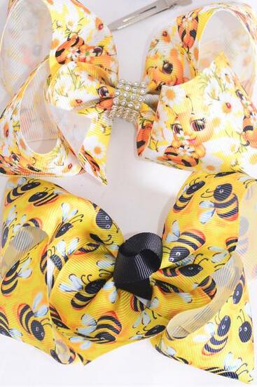 Hair Bow Jumbo Cute Honey Bees Mix Grosgrain Bow-tie / 12 pcs Bow = Dozen Alligator Clip , Size - 6" x 5" Wide , 6 Of each Pattern Asst , Clip Strip and UPC Code