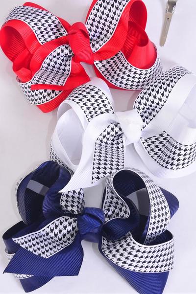 Hair Bow Jumbo Double Layered Hound tooth Grosgrain Bow-tie / 12 pcs Bow = Dozen Alligator Clip , Bow - 6 x 5" Wide , 4 White , 4 Red , 4 Navy Asst , Clip Strip and UPC Code