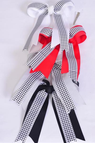Hair Bow Jumbo Long Tail Double Layered Hound tooth Grosgrain Bow-tie / 12 pcs Bow = Dozen Alligator Clip , Bow - 6.5" x 6" Wide , 3 Black , 3 White , 3 Red , 3 Gray Asst , Clip Strip and UPC Code