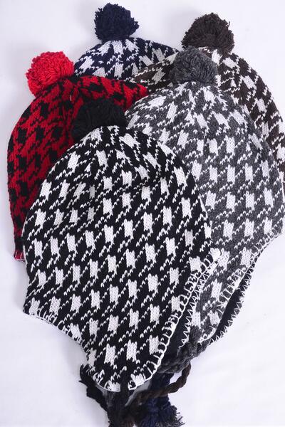 Winter Knit Hat Hound tooth Fleece Inside / 12 pcs = Dozen Colour - 2 Navy, 2 Brown , 2 Gray , 2 Red , 4 Black Mix , OPP Bag and UPC Code