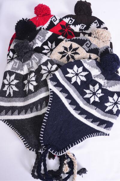 Winter Knit Hat Snowflake Fleece Inside / 12 pcs = Dozen  Color- 2 black , 2 navy , 2 red , 2 gray , 2 brown , 2 Khaki Asst , OPP Bag and UPC Code
