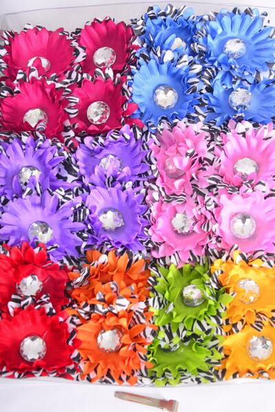 Flowers 24 pcs Flower Daisy Zebra Print Multi / 24 pcs Flower = Dozen  Alligator Clip , Flower Size - 2.75" Wide , 2 Fuchsia , 2 Purple , 2 Pink , 2 Blue , 1 Yellow , 1 Red , 1 Lime , 1 Orange Color Asst