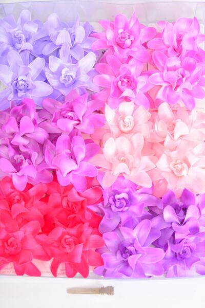 Flowers 24 pcs Purple & Pink Mix / 24 pcs Flower = Dozen Alligator Clip , Flower Size - 2.75" Wide , 2 of each Color Asst , 2  pcs per card , 12 card = Dozen, Display Card UPC Code, Clear Box