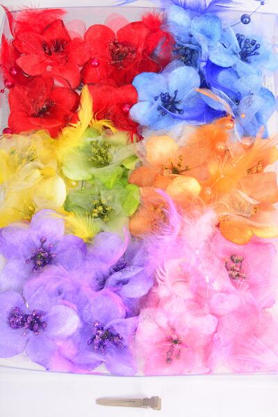 Flowers 24 pcs Flower Chiffon Feather & Pearls Strings Multi / 24 pcs Flower = Dozen Alligator Clip , Flower Size - 2.75" Wide , 2 Red , 2 Orange , 2 Purple , 2 Pink , 1 Lime , 1 Blue , 1 Fuchsia , 1 Yellow Color Asst
