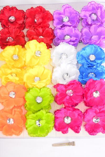 Flowers 24 pcs Flowers Glitter Trim Multi / 24 pcs Flower = Dozen Alligator Clip , Flower Size - 2.75", 2 Red , 2 Purple , 2 Yellow , 2 Fuchsia , 1 Blue , 1 White , 1 Orange , 1 Lime Color Asst