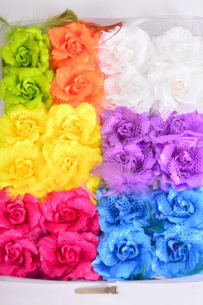 Flowers 24 pcs Rose & Feathers Mix Citrus / 24 pcs Flower = Dozen Alligator Clip , Flower Size - 2.75" Wide , 2 Red , 2 Yellow , 2 Fuchsia , 2 Purple , 1 White , 1 Blue , 1 Orange , 1 Lime Color Asst