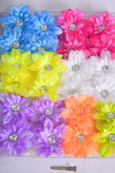 Flowers 24 pcs Multi / 24 pcs Flower = Dozen Alligator Clip , Flower Size - 2.75" Wide , 2 Red , 2 Yellow , 2 Purple , 2 Fuchsia , 1 White , 1 Blue , 1 Lime , 1 Orange Color asst.