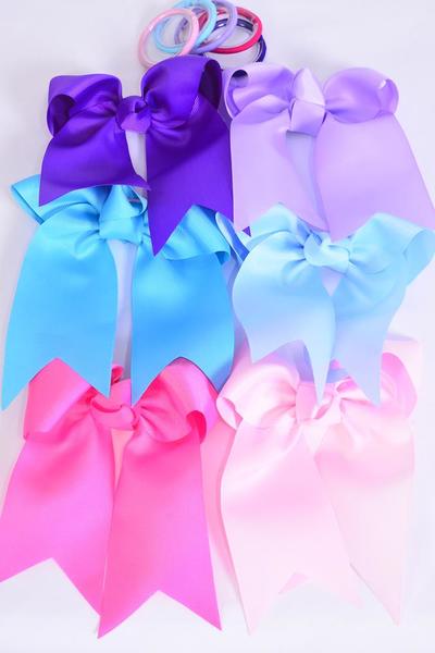Hair Bow Extra Jumbo Long Tail Cheer Type Bow Elastic  Spring Mix Grosgrain Bow-tie / 12 pcs Bow = Dozen  Spring , Elastic , Size - 6.5" x 6" Wide , 2 Pear Pink , 2 Hot Pink , 2 Lavender , 2 Purple , 2 Light Blue , 2 Blue Mist Mix , Clip Strip and UPC Code