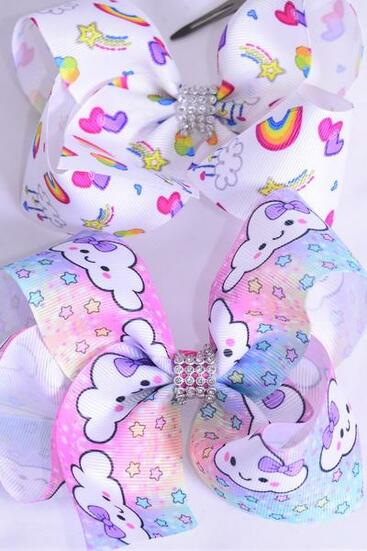 Hair Bow Jumbo Cute Happy Cloud and Rainbow Stars Grosgrain Bow-tie / 12 pcs Bow = Dozen Alligator Clip , Size - 6" x 5" Wide , 6 of each Pattern Asst , Clip Strip and UPC Code