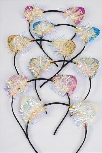 Headband Horseshoe Cat Kitty Ears Iridescent Pastel / 12 pcs Bow = Dozen Color - 2 White , 2 Pink , 2 Yellow , 2 Lavender , 2 Blue , 1 Hot Pink , 1 Mint Green Color Mix , Hang Tag and OPP Bag and UPC Code