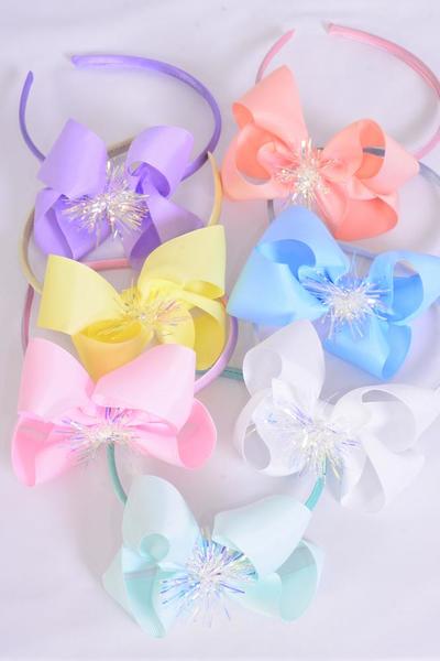 Headband Horseshoe Iridescent Grosgrain Bow-tie Pastel / 12 pcs = Dozen Bow Size - 6" x 5" Wide , 2 White , 2 Pink , 2 Yellow , 2 Lavender , 2 Blue , 1 Peach , 1 Mint Green Color Mix , Hang Tag & OPP Bag and UPC Code