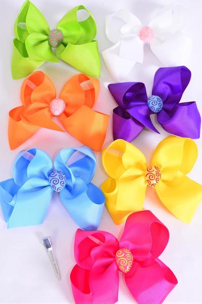 Hair Bow Jumbo Easter Egg Charm Grosgrain Bow-tie Citrus / 12 pcs Bow = Dozen  Alligator Clip , Size - 6" x 5" Wide , 2 White , 2 Fuchsia , 2 Purple , 2 Yellow , 2 Blue , 1 Lime , 1 Orange Color Asst , Clip Strip and  UPC Code