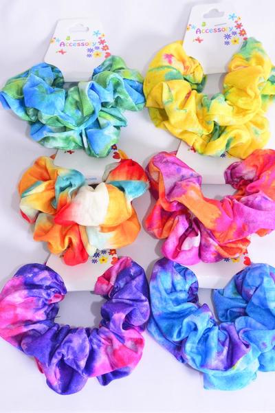 Scrunchies 24 pcs Cotton Stretch Tiedye Water Color Mix / 12 card = Dozen Stretch , 2 Of each Pattern Asst , Hang Tag & OPP Bag & UPC Code