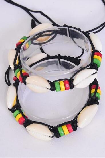 Bracelet Shamballa Rasta Real Seashell Wooden Beads Mix /  12 pcs = Dozen UNISEX , Adjustable , Hang Tag and OPP Bag & UPC Code