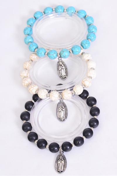 Bracelet 10 mm Semiprecious Stone Mother Virgin Mary Charm Stretch / 12 pcs = Dozen 4 Black , 4 Ivory , 4 Turquoise Asst , Hang Tag and OPP Bag and UPC Code