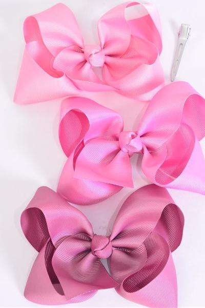 Hair Bow Jumbo Mauve Pink Mix Grosgrain Bow-tie / 12 pcs Bow = Dozen Mauve Pink Mix , Alligator Clip , Size - 6" x 5" Wide , 4 Fantasy Rose , 4 Wild Rose, 4 Rosy Mauve Color Asst , Clip Strip and UPC Code