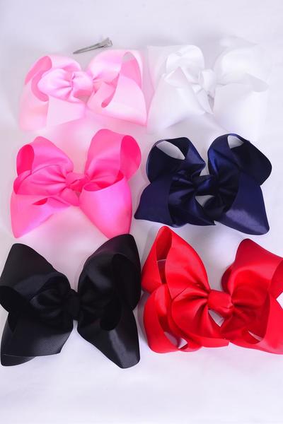 Hair Bow Extra Jumbo Cheer Type Bow Multi Grosgrain Bow-tie / 12 pcs Bow = Dozen  Alligator Clip , Size - 8" x 7" Wide , 2 Black , 2 Red , 2 Navy  ,2 White , 2 Hot Pink , 2 Baby Pink Color Asst , Clip Strip and UPC Code