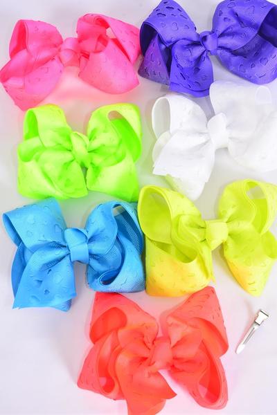 Hair Bow Jumbo Double Layered Carve Heart Caribbean Neon Grosgrain Bow-tie / 12 pcs Bow = Dozen  Alligator Clip , Size - 6" x 5" Wide , 2 Turquoise , 2 Orange , 2 White , 2 Purple , 2 Pink , 1 Yellow , 1 Lime Mix , Clip Strip and UPC Code