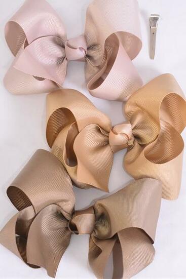 Hair Bow Jumbo Khaki Mix Grosgrain Bow-tie / 12 pcs Bow = Dozen Alligator Clip , Size - 6" x 5" Wide , 4 Of Each Pattern Asst , Clip Strip and UPC Code