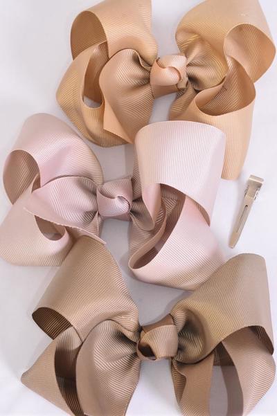 Hair Bow Jumbo Khaki Mix Grosgrain Bow-tie / 12 pcs Bow = Dozen Alligator Clip , Size - 6" x 5" Wide , 4 Of Each Pattern Asst , Clip Strip and UPC Code