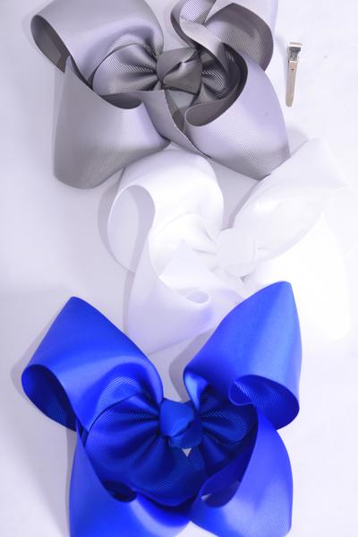 Hair Bow Extra Jumbo Cheer Type Bow Gray White Royal blue Mix Grosgrain Bow-tie / 12 pcs Bow = Dozen Alligator Clip , Size - 8" x 7" Wide , 4 White , 4 Gray , 4 Royal Blue Color Asst , Clip Strip & UPC Code