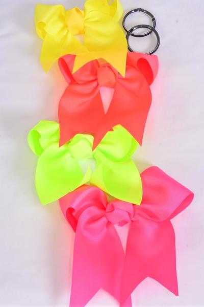 Hair Bow Extra Jumbo Long Tail Cheer Type Bow Neon Elastic Grosgrain Bow-tie / 12 pcs Bow = Dozen Neon , Elastic , Size - 6.5" x 6" Wide , 3 Neon Pink , 3 Neon Green , 3 Neon Orange , 3 Neon Yellow Color Asst , Clip Strip & UPC Code