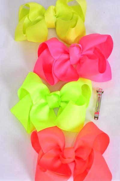 Hair Bow Jumbo Neon French Clip Grosgrain Bow-tie / 12 pcs Bow = Dozen French Clip , Size - 6" x 5" Wide , 3 of each Pattern Asst , Clip Strip & UPC Code