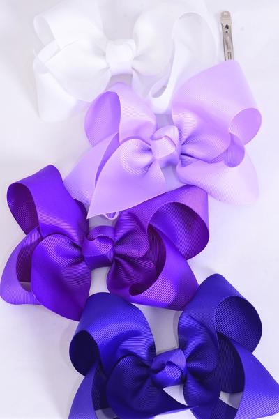 Hair Bow Jumbo Purple Mix Grosgrain Bow-tie / 12 pcs Bow = Dozen French Clip , Size - 6" x 5" Wide , 3 White , 3 Lavenser , 3 Purple , 3 Dark Purple Color Asst , Clip Strip and UPC Code