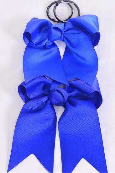 Hair Bow Extra Jumbo Long Tail Cheer Type Bow Royal Blue Elastic Grosgrain Bow-tie / 12 pcs Bow = Dozen Elastic Pony , Size - 6.5" x 6" Wide , 6 Royal Blue , 6 Cobalt Color Asst , Clip Strip and UPC Code 