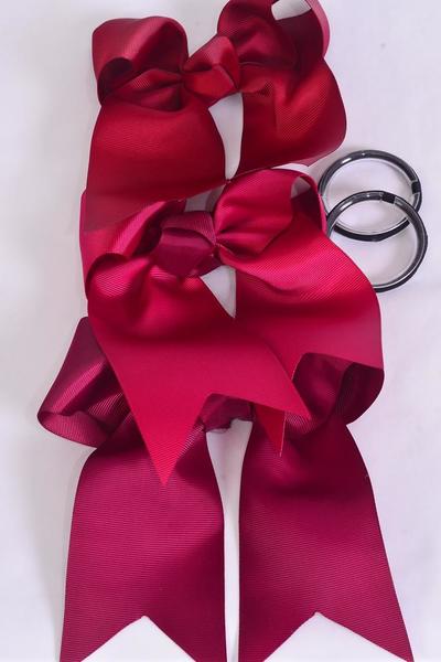 Hair Bow Extra Jumbo Long Tail Cheer Type Bow Burgundy Mix  Elastic Grosgrain Bow-tie / 12 pcs Bow = Dozen Burgundy Mix , Elastic , Size - 6.5" x 6" Wide , 4 Burgundy , 4 Wine , 4 sherry Color Asst , Clip Strip and UPC Code