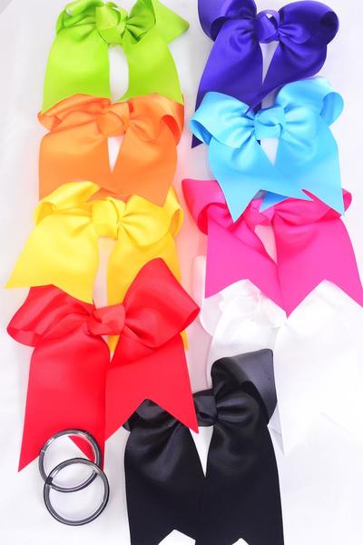 Hair Bow Extra Jumbo Long Tail Cheer Type Bow Multi Elastic Grosgrain Bow-tie / 12 pcs Bow = Dozen Elastic Pony ,Size-6.5"x 6" Wide ,  Black ,2 White ,2 Fuchsia ,1 Purple ,1 Red ,1 Yellow ,1 Blue ,1 Lime ,1 Orange Mix ,Clip Strip & UPC Code