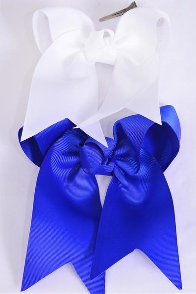 Hair Bow Extra Jumbo Long Tail Cheer Type Bow Royal Blue & White Grosgrain Bow-tie / 12 pcs Bow = Dozen  Alligator Clip , Size - 6.5" x 6" Wide , 6 of each Color Asst , Clip Strip and UPC Code 