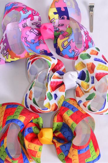 Hair Bow Jumbo Autism Grosgrain Bow-tie / 12 pcs Bow = Dozen Autism , Alligator Clip , Size - 6" x 5" Wide , 4 Of Each Pattern Asst , Clip Strip and UPC Code