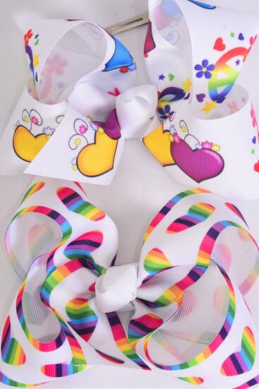 Hair Bow Jumbo Rainbow Hearts & Peace Sign Flower Power Mix Grosgrain Bow-tie / 12 pcs Bow = Dozen   Alligator Clip , Size - 6" x 5" Wide , 6 of each Pattern Asst , Clip Strip and UPC Code