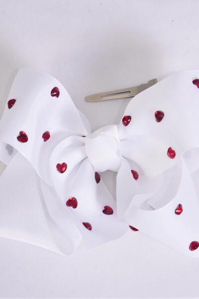 Hair Bow Jumbo Heart Studded Grosgrain Bow-tie White / 12 pcs Bow = Dozen Alligator Clip , Size - 6" x 5" Wide , Clip Strip & UPC Code