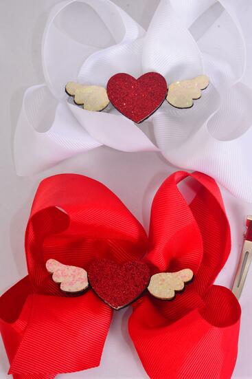 Hair Bow Jumbo Metallic Heart & Angel Wings Grosgrain Bow-tie / 12 pcs Bow = Dozen Alligator Clip , Size - 6" x 5" Wide , 6 of each Pattern Asst , Clip Strip & UPC Code
