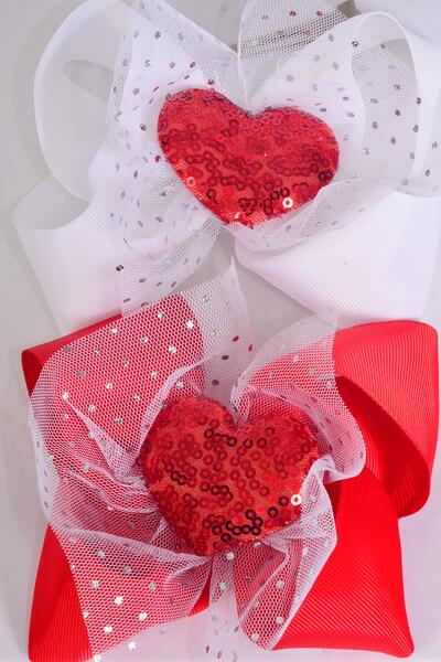Hair Bow Jumbo Large Red Sequin Puffy  Heart Mesh Fabric Grosgrain Bow-tie / 12 pcs Bow = Dozen Alligator Clip , Size - 6" x 5" , 6 Red , 6 White Asst , Clip Strip & UPC Code