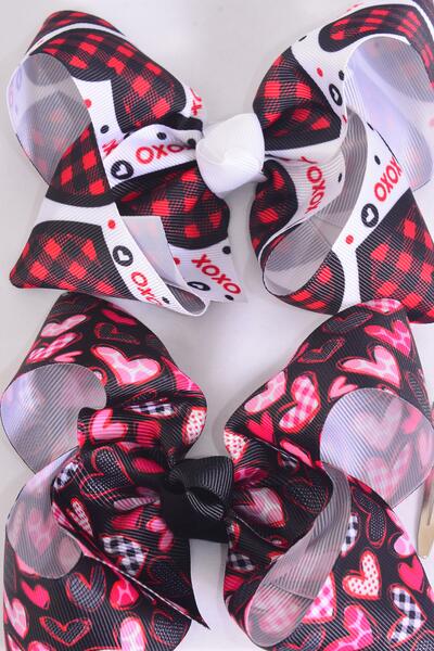 Hair Bow Jumbo Hug And Kiss Heart Plaid Mix Grosgrain Bow-tie / 12 pcs Bow = Dozen  Alligator Clip , Size - 6" x 5" Wide , 6 of Each Pattern , Clip Strip and UPC Code