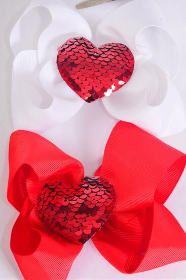 Hair Bow Jumbo Large Red Flip Sequin Puffy Heart Grosgrain Bow-tie / 12 pcs Bow = Dozen  Alligator Clip , Size - 6" x 5" Wide , 6 Red , 6 White Asst , Clip Strip & UPC Code