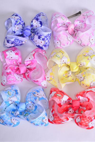 Hair Bow Jumbo Cute Kitty Plaid Grosgrain Bow-tie Pastel / 12 pcs Bow = Dozen Alligator Clip , Size - 6" x 5" Wide , 2 White , 2 Baby Pink , 2 Lavender , 2 Hot Pink , 2 Mint , 1 Blue , 1 Yellow Color Asst , Clip Strip & UPC Code