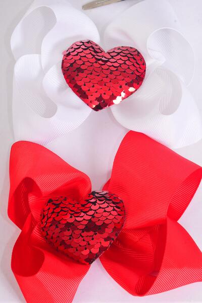Hair Bow Jumbo Large Red Flip Sequin Puffy Heart Grosgrain Bow-tie / 12 pcs Bow = Dozen  Alligator Clip , Size - 6" x 5" Wide , 6 Red , 6 White Asst , Clip Strip & UPC Code