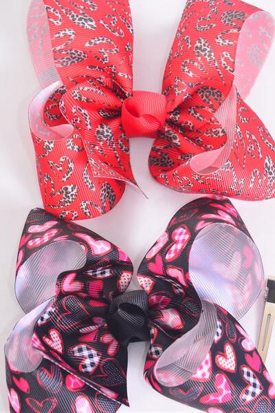 Hair Bow Jumbo Heart Mix Grosgrain Bow-tie / 12 pcs Bow = Dozen Alligator Clip , Size - 6" x 5" Wide , 6 of each Pattern , Clip Strip and UPC Code