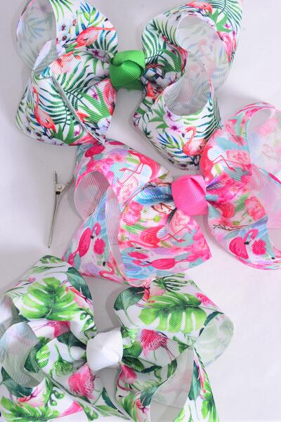 Hair Bow Jumbo Tropical Flamingo Grosgrain Bow-tie / 12 pcs Bow = Dozen Alligator Clip , Bow - 6" x 5" Wide , 4 of each Pattern Asst , Clip Strip & UPC Code