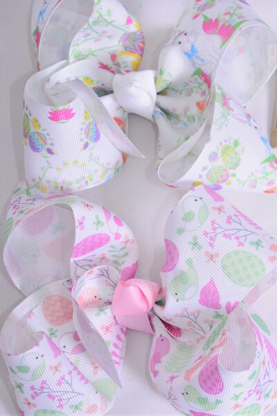 Hair Bow Jumbo Spring Bird Bunny Flower Mix Grosgrain Bow-tie / 12 pcs Bow = Dozen Alligator Clip , Size - 6" x 5" Wide , 6 Of each Pattern Asst , Clip Strip and UPC Code