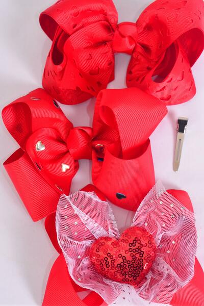 Hair Bow Jumbo Heart Pattern Mix  Grosgrain Bow-tie / 12 pcs Bow = Dozen Alligator Clip , Size - 6" x 5" Wide , 4 Of Each Pattern Asst , Clip Strip & UPC Code