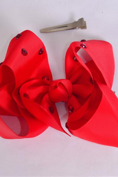 Hair Bow Jumbo Heart Studded Grosgrain Bow-tie Red / 12 pcs Bow = Dozen Red , Alligator Clip , Size - 6" x 5" Wide , Clip Strip & UPC Code