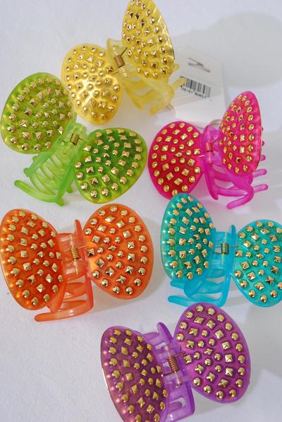 Jaw Clip Acrylic Bow-tie Gold Studded Multi / 12 pcs = Dozen Bow Size - 3.5" x 3.5" Wide , 2 Of each Color Asst , Hang Tag and OPP Bag & UPC Code 